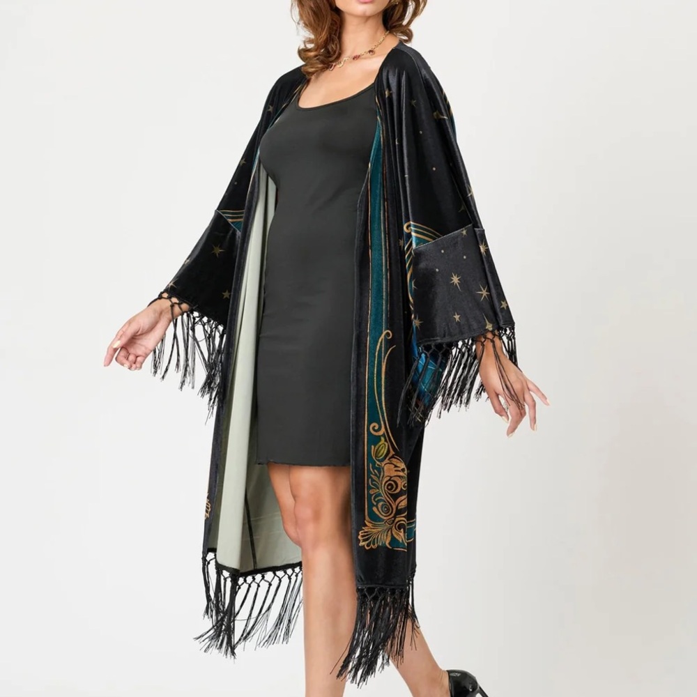 @amck1207 only!Unique Vintage Plus Size Black Art Noveau Fringe Kimono OSFM PLUS - Picture 4 of 4